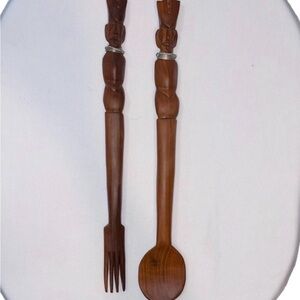 Vintage Handcrafted Wooden Fork & Spoon Serving Utensils From Kenya